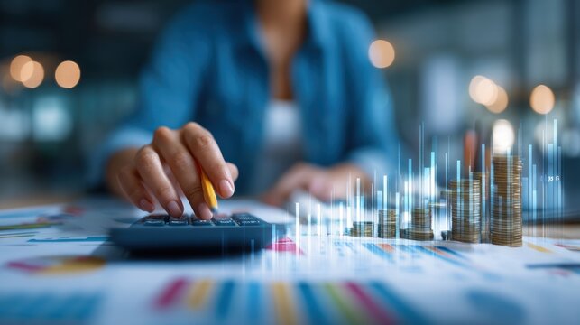 Woman calculating finances with digital coins