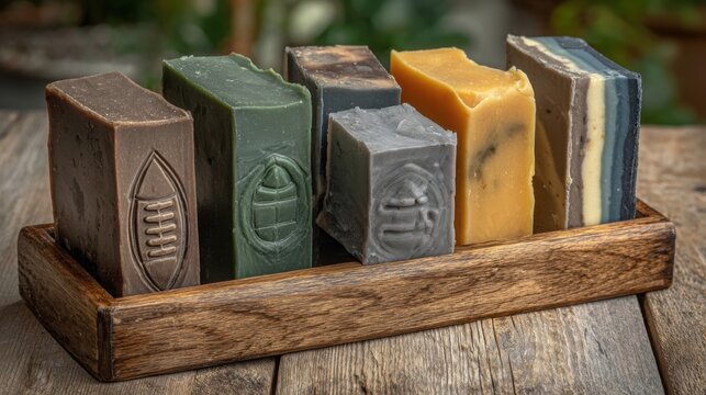 Collection of artisanal handmade soaps with unique embossed designs presented in a rustic wooden display