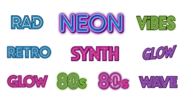 Retro Neon Sign Collection: Rad, Synth, Vibes, Glow, Wave, 80s