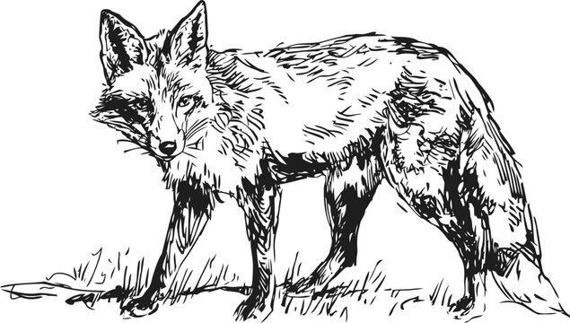 Black and white vintage fox illustration detailed wild animal sketch, forest wildlife drawing