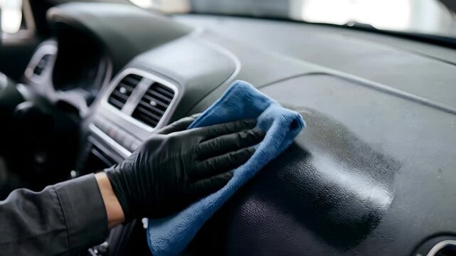 Close up of Hand in Black Gloves Cleaning Car Dashboard With Blue Microfiber Cloth During Daytime in Natural Light
