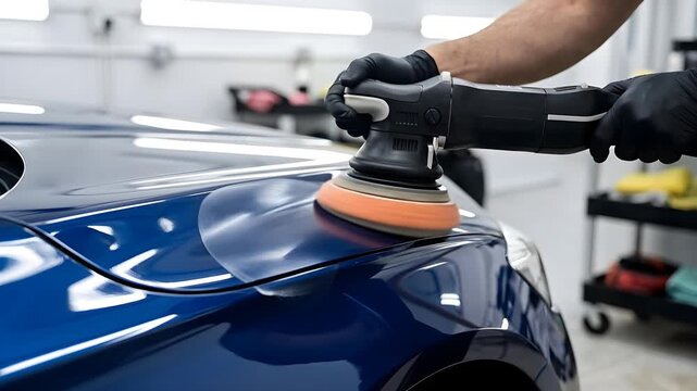 Close-up view of a person in black gloves using a polisher on a shiny deep blue car in a brightly lit workshop with blurred shelves of cleaning