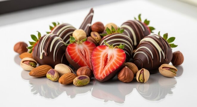 A variety of chocolate-covered strawberries and nuts on a reflective surface.