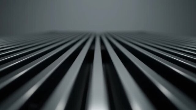 Close-up view of parallel black lines converging in the distance on a gray background with a shallow depth of field.