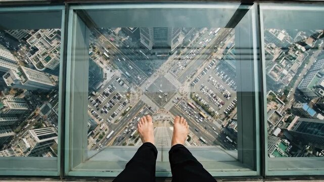 High Above City Barefoot on Glass Observation Deck in Busan with South Korea.