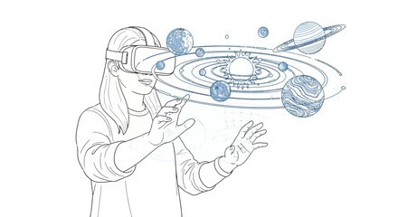 Woman experiencing virtual reality with planets © Jayamal