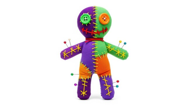 Colorful voodoo doll with pins isolated on white background