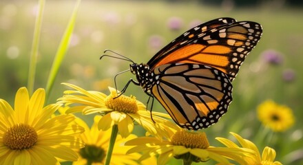 Obraz premium A monarch butterfly perched on a yellow flower in a vibrant garden setting.