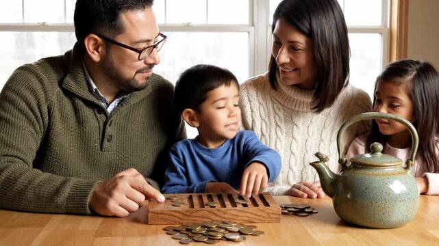 Happy family counts money on wooden board. Father teaches child saving money with coin. Smiling family watches coin sorting. Son learns money finance inside home. Family saving cash for bright future.