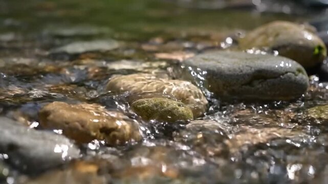 Close-up of smooth rocks partially submerged in clear water with gentle ripples and blurred greenery in the background.