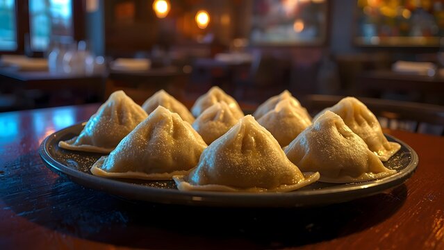 Delicious plate of khinkali with mouthwatering filling in a cozy restaurant