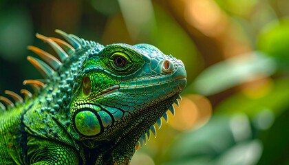 Naklejka premium Green lizard, exotic tropical animal, animal and zoo concept, soft blurred tropical foliage in background, detailed scaly texture
