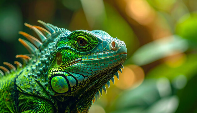 Green lizard, exotic tropical animal, animal and zoo concept, soft blurred tropical foliage in background, detailed scaly texture