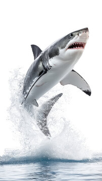 Great white shark breaching with open jaws and water splash isolated on transparent background