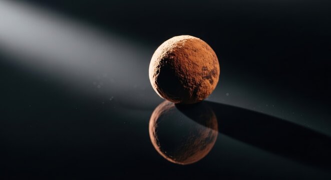 A single chocolate truffle with a smooth, shiny surface, resting on a reflective surface with a dark background.