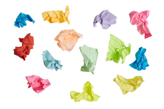 set of colorful crumpled paper balls in office symbolizing rubbish or trash isolated on white or transparent png
