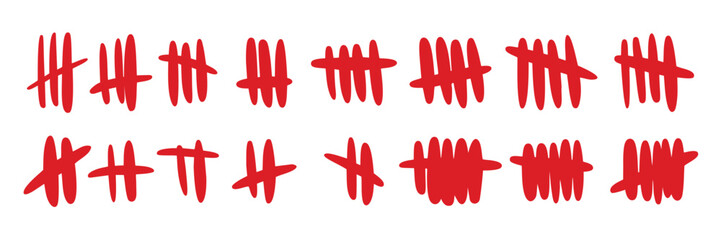 Blood-red slash tally marks. Prison counting system. Striking wall tracker with linear hash design © Picture Store