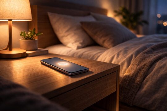 Mobile phone sits on a nightstand next to a lamp and bed under dim light during nighttime in a cozy room