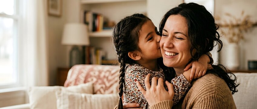 A sweet moment of a daughter kissing her mother on the cheek, filled with warmth and affection