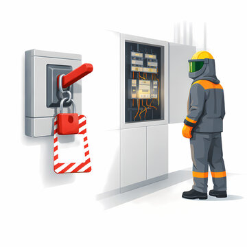 Lockout Tagout Safety on Electrical Control Panel with Worker in Arc Flash PPE