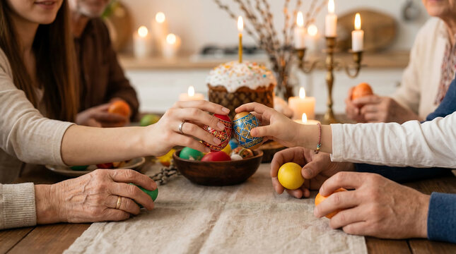 Family gathering around a festive table, clinking Easter eggs with a traditional cake and candles in the background.