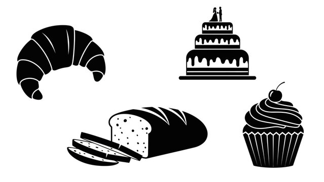 Assorted Baked Goods Icons: Croissant, Bread, Cupcake, Wedding Cake