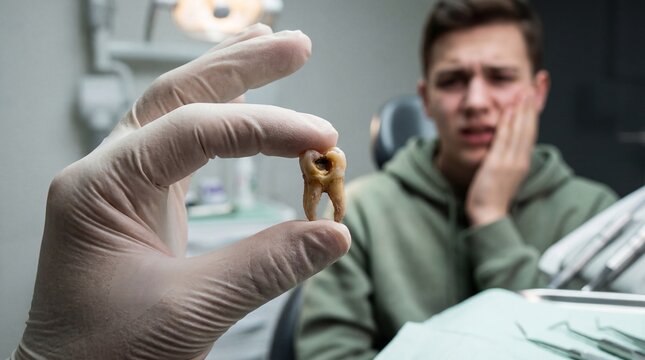Tooth Troubles Young man faces extracted tooth with pain in dentists chair.