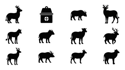 Fototapeta premium Collection of Animal Silhouettes: Deer, Buffalo, Horse, and House Icon