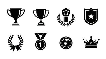 Collection of Award Icons: Trophies, Medals, Crown, Shield, Laurel Wreath