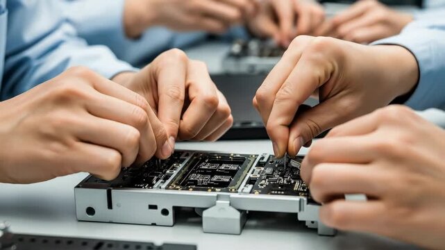 Hands assembling electronic components close up on tabletop