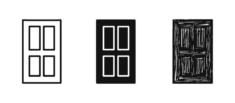 Modern Paneled Door Icon Set in Outline, Solid, and Hand-Drawn Styles; Home Interior or Exterior Door Icons