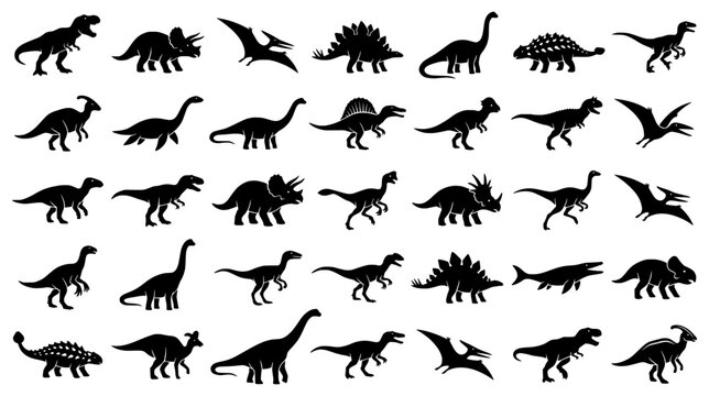 Diverse collection of thirty five prehistoric dinosaur silhouettes featuring carnivores herbivores and flying pterosaurs