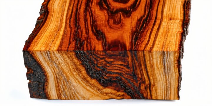 Wood block displays striking grain patterns. Rich browns, oranges create beautiful texture. Natural material, possibly olive wood.