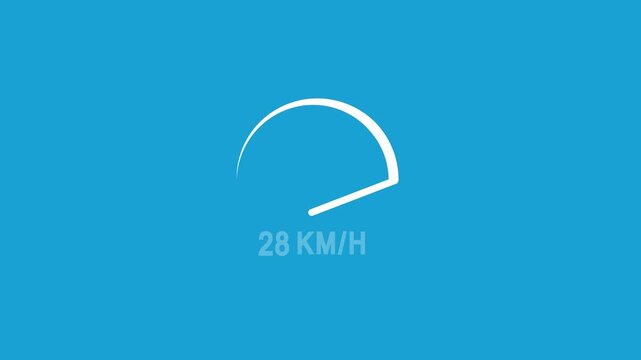 An abstract speedometer illustration showing 28 km/h on a blue background. A digital speed indicator that measures speed in kilometers per hour.