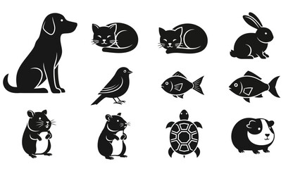 Obraz premium Cute Pet Icons: Dog, Cat, Rabbit, Bird, Fish, Hamster, Turtle, Guinea Pig