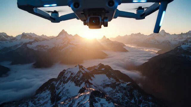 Aerial Summit: A drone captures a breathtaking panorama of majestic mountains rising above a sea of clouds, illuminated by the radiant glow of a sunrise.