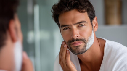 Naklejka premium Man looking in a bathroom mirror while applying shaving foam to his jaw and neck, male grooming routine, personal hygiene lifestyle, defocused background, with copy space