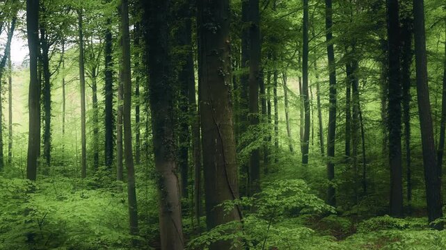 Lush green forest panning shot with soft light. Scenic woodland on a spring or summer day.