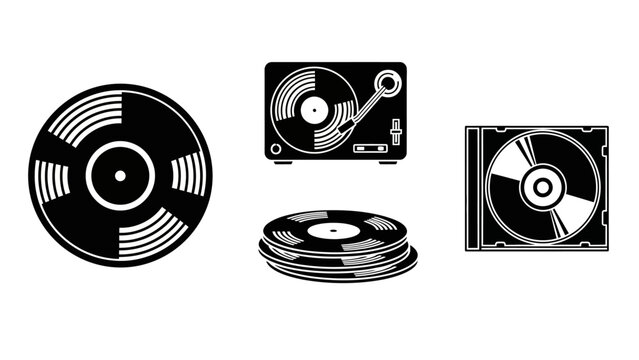 Music Media Icons: Vinyl Record, Turntable, Stack of Records, CD in Case