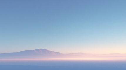Fototapeta premium A serene landscape featuring a distant mountain under a clear blue sky. Soft pastel colors blend at the horizon, creating a tranquil atmosphere.
