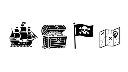 Obraz premium Pirate Icons: Ship, Treasure Chest, Jolly Roger Flag, and Treasure Map