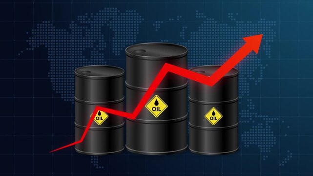 Global crude oil price surge and energy crisis animation concept with oil barrels and red upward arrow on world map background. Showing global inflation, economic recession, and market volatility 