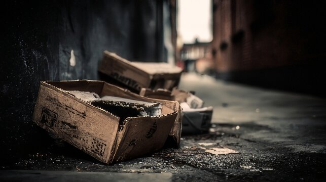 Urban Alleyway with Trash Boxes Littered on the Pavement Ground