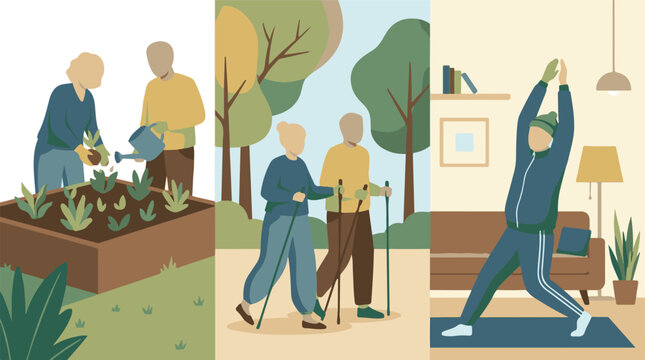 Seniors maintaining active and healthy lifestyles through various activities