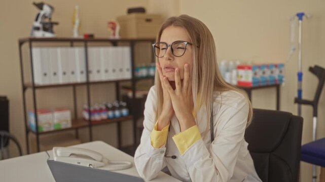Woman doctor holding forehead and rubbing temples over laptop, stethoscope on collar, medical supplies and microscope on shelves in building; exhaustion recovery.