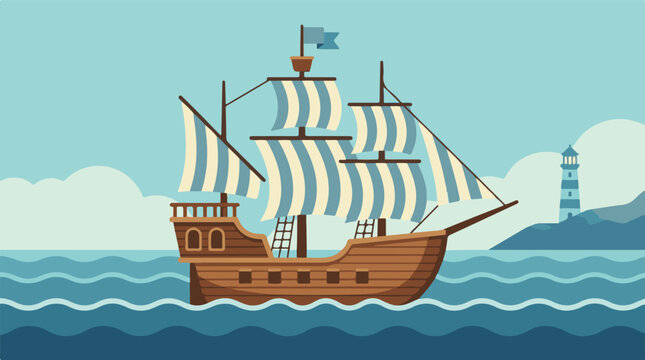 Vintage sailing ship with striped sails on the ocean, lighthouse in background