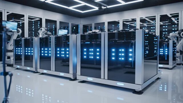 Modern data center with multiple server racks and advanced LED lighting highlights data center as axis, echoed by server room, cloud center, and data storage for hosting, IT business