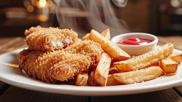 Fried chicken strips and crispy fries on white plate highlight fries as axis, reflected as potato fries, salty fries, and fastfood fries for unhealthy lunch, snack meal