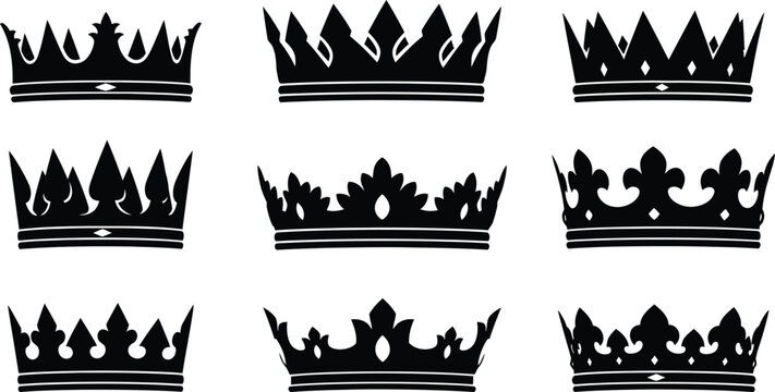 Collection of nine distinctive crown silhouettes in black