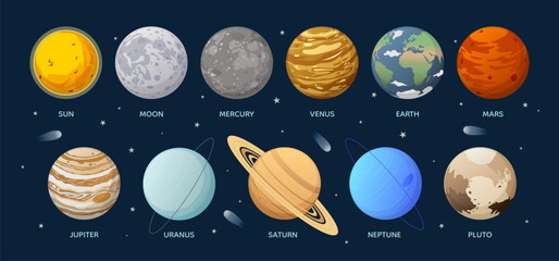 Set of solar system planets and celestial bodies. Outer space vector illustration © Julia Bilevych
